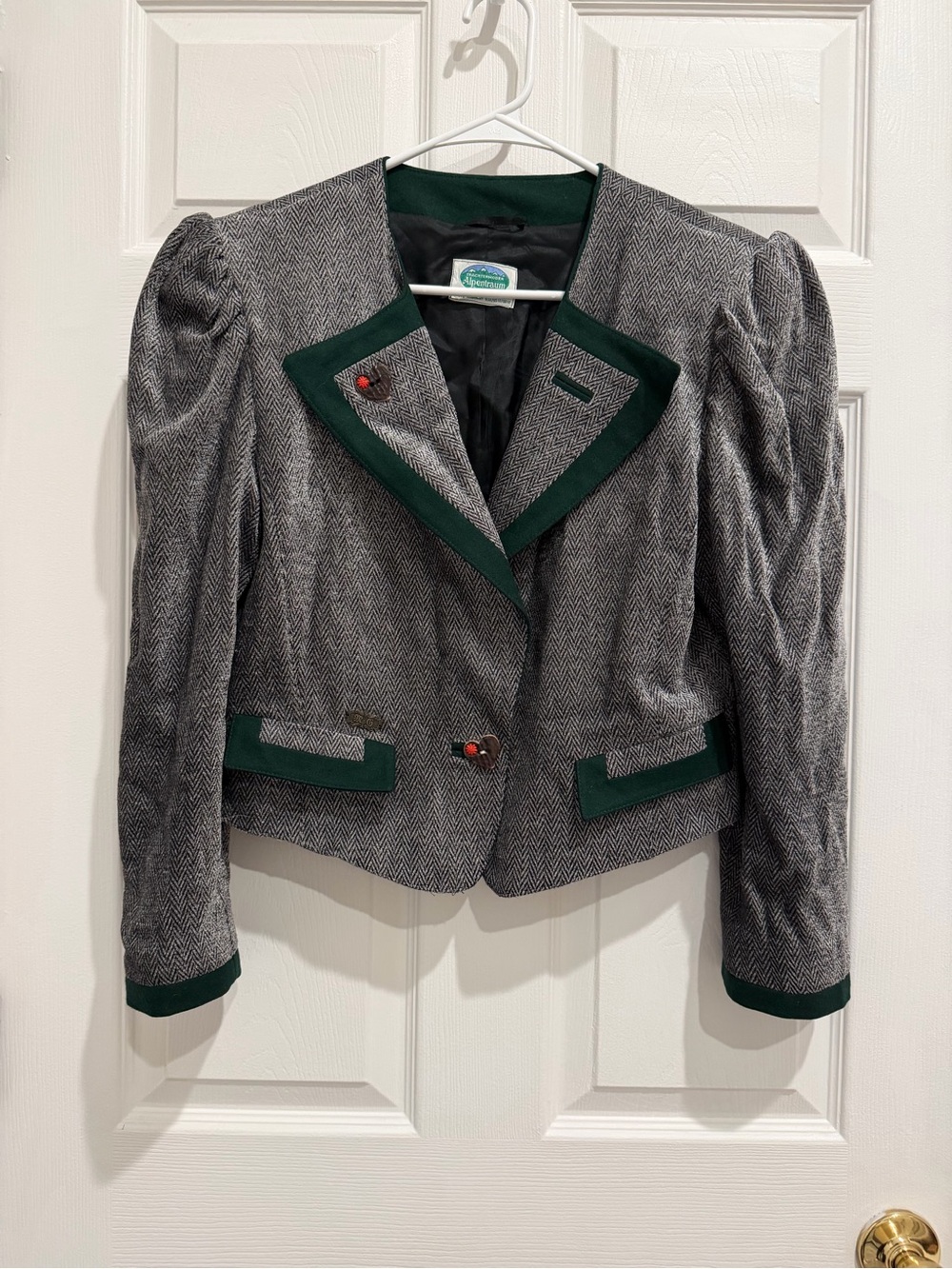 Women's German Alpentraum Gray Herringbone Blazer with Forest Green Trim